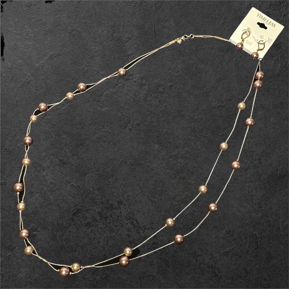 Timeless By Roman Faux Pearl Necklace Earring Set Gold Tone Bronze Champagne